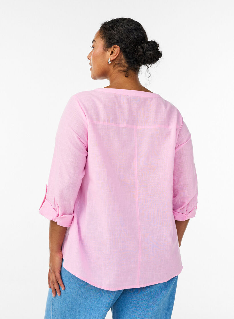 Skjortblus i bomull med v-ringning, Rosa, Model image number 2