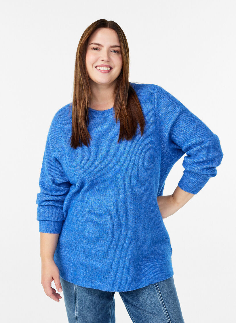 Melerad stickad blus med rund hals, Bl&aring;, Model image number 0