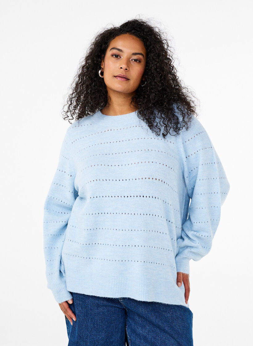 Stickad blus med rund hals och hålmönster, Cashmere Blue Mel., Model image number 0
