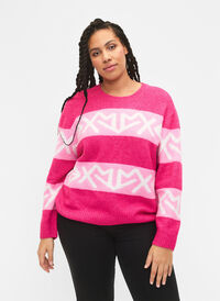 Randig stickad tröja med grafiskt mönster, Raspberry Rose Comb, Model