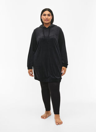 Sweatshirtklänning i velour med huva, Black, Model image number 3