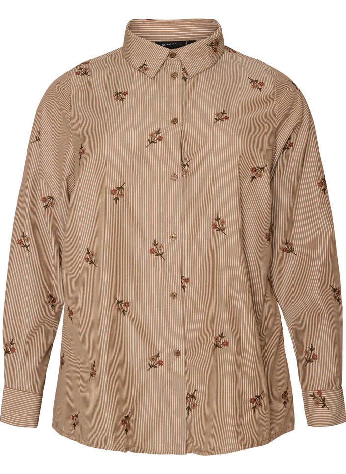 Randig skjorta med broderade blommor, Brun, Packshot image number 0
