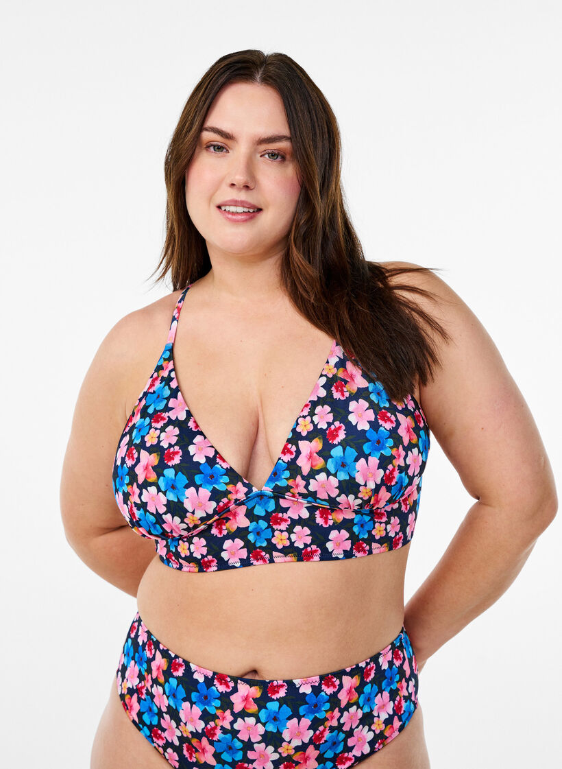 Bikinitopp med blommigt tryck och knytning i ryggen, Rosa, Model image number 0