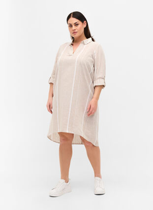 Randig klänning i bomull och linne, White Taupe Stripe, Model image number 2