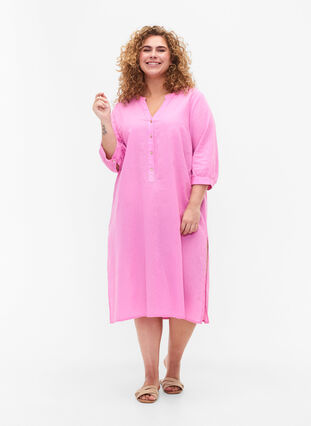 Lång skjortklänning med 3/4-ärmar, Begonia Pink, Model image number 2