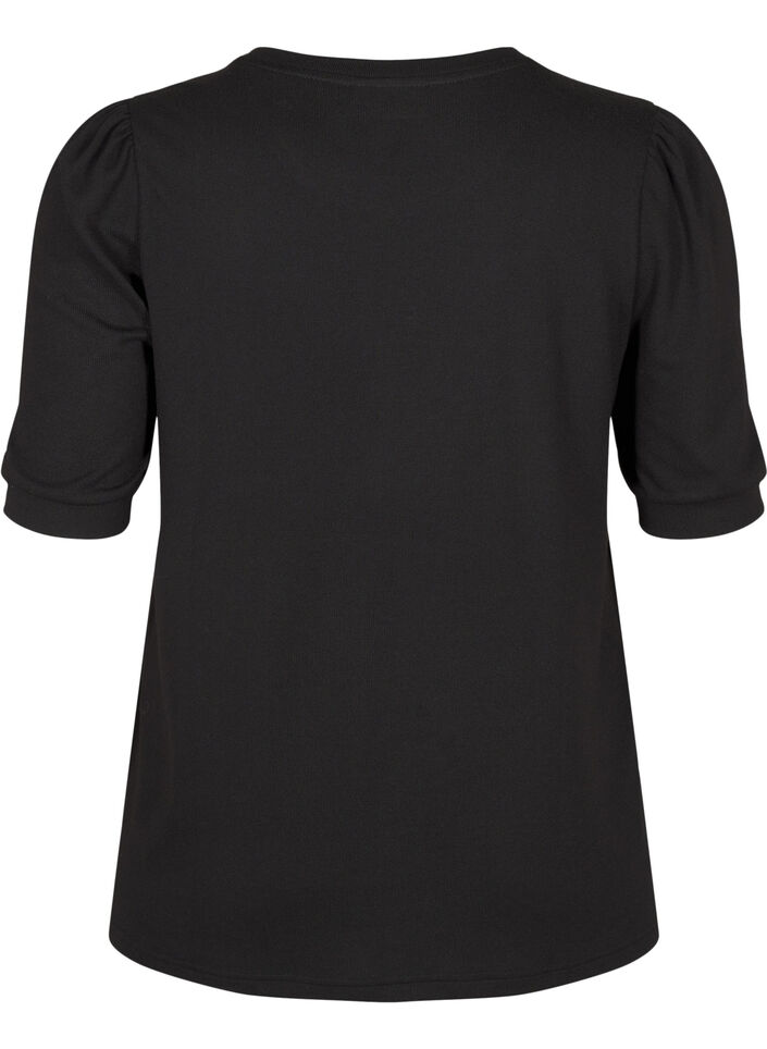 Blus med knappdetalj och korta puffärmar, Svart, Packshot image number 1