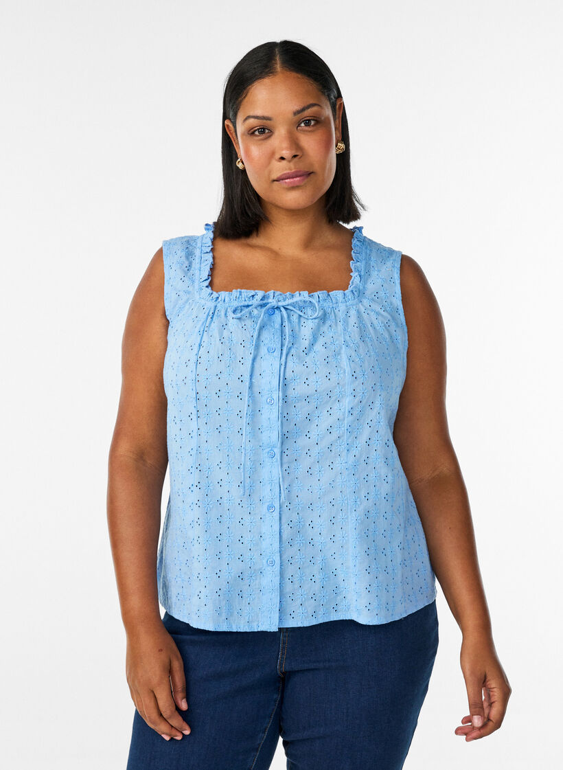 &Auml;rml&ouml;s blus med broderie anglaise och volanger, Bl&aring;, Model image number 0