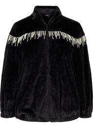 Kort jacka i fuskpäls med dekorativa pärlor, Black