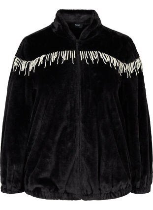 Kort jacka i fuskpäls med dekorativa pärlor, Black, Packshot image number 0