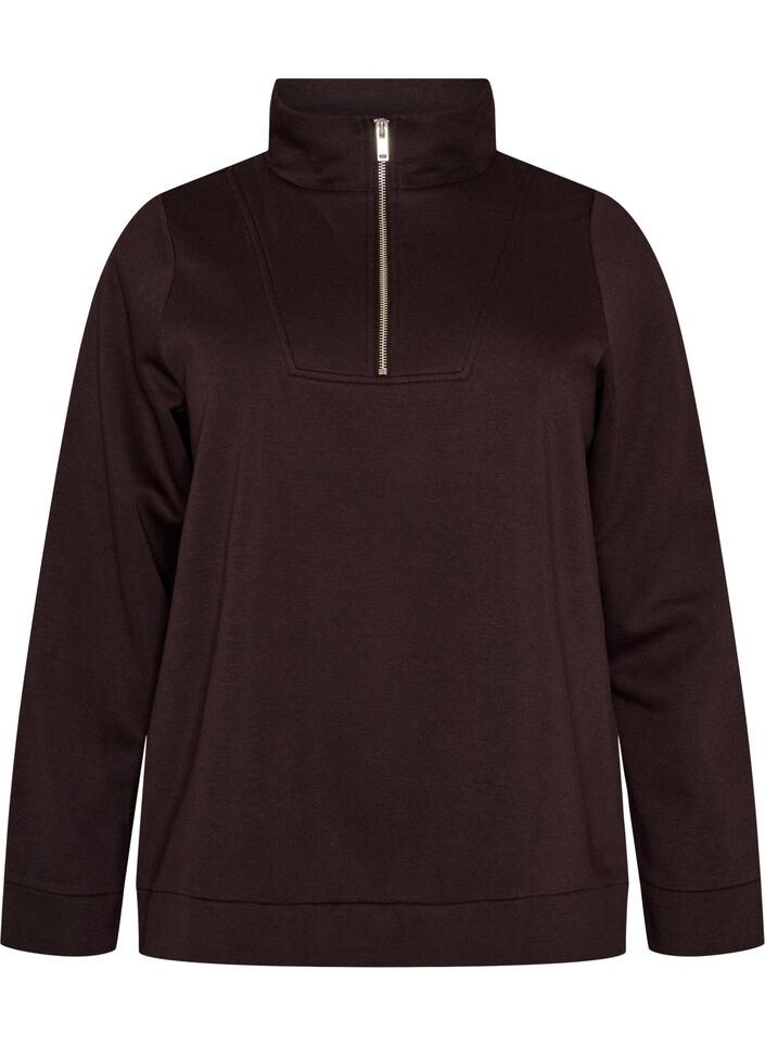 Sweatshirt med h&ouml;g krage och dragkedja, Brun, Packshot image number 0
