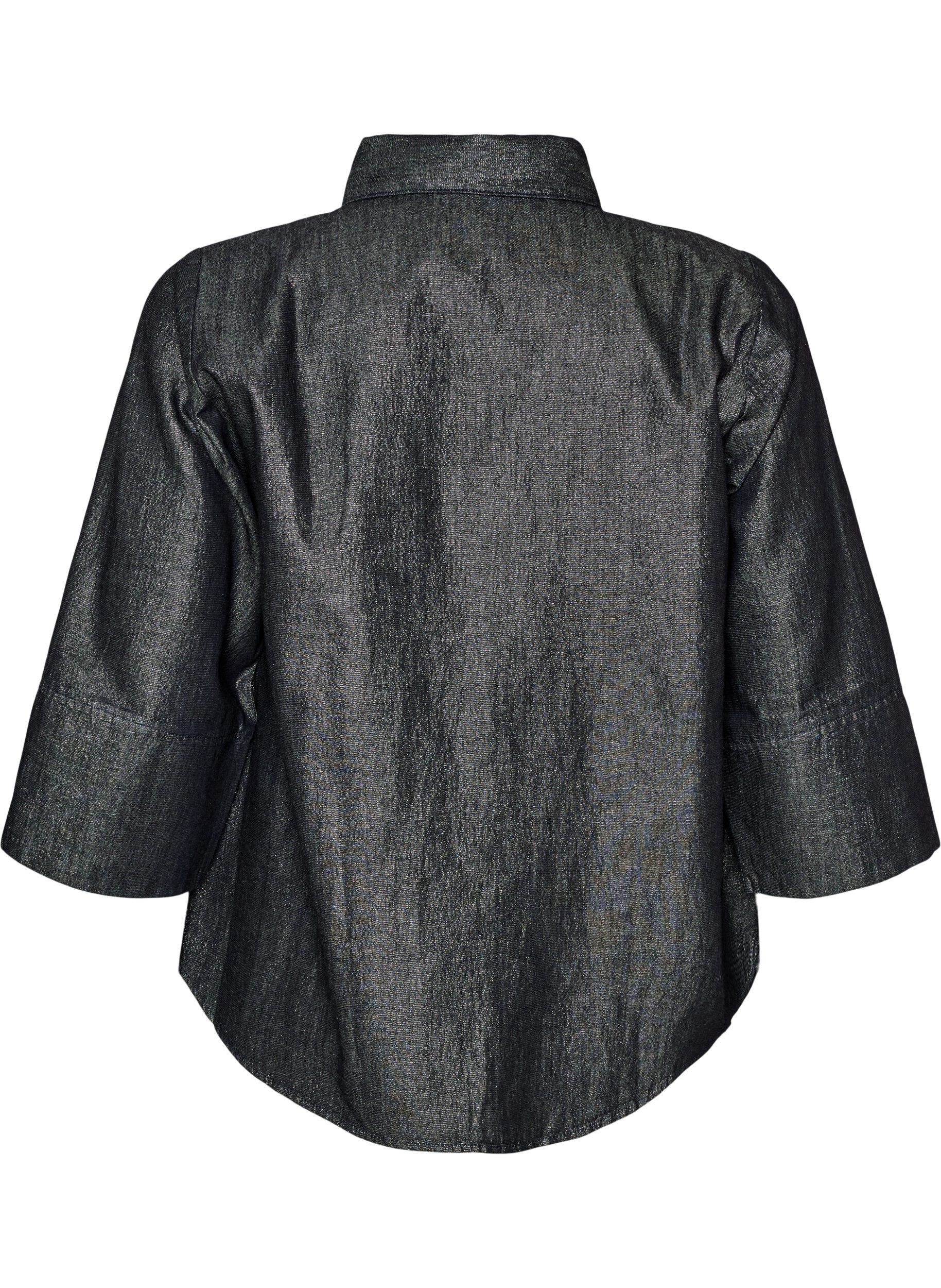 ZizziJeansskjorta med glittertr&aring;d och 3/4-&auml;rmar, Gr&aring;, Packshot image number 1