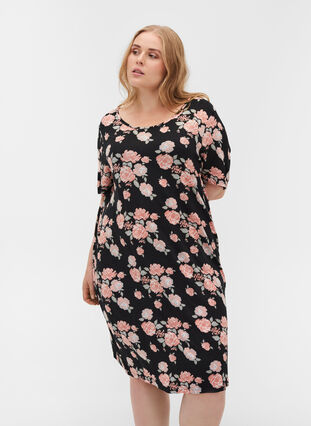 Pyjamasklänning i viskos med blommigt mönster, Black Flower AOP, Model image number 0