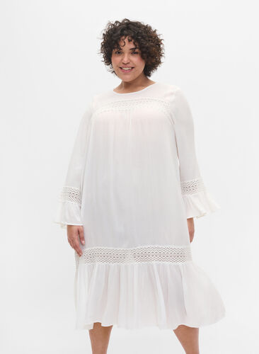 Viskosklänning med spetsdetaljer, Off White, Model image number 0