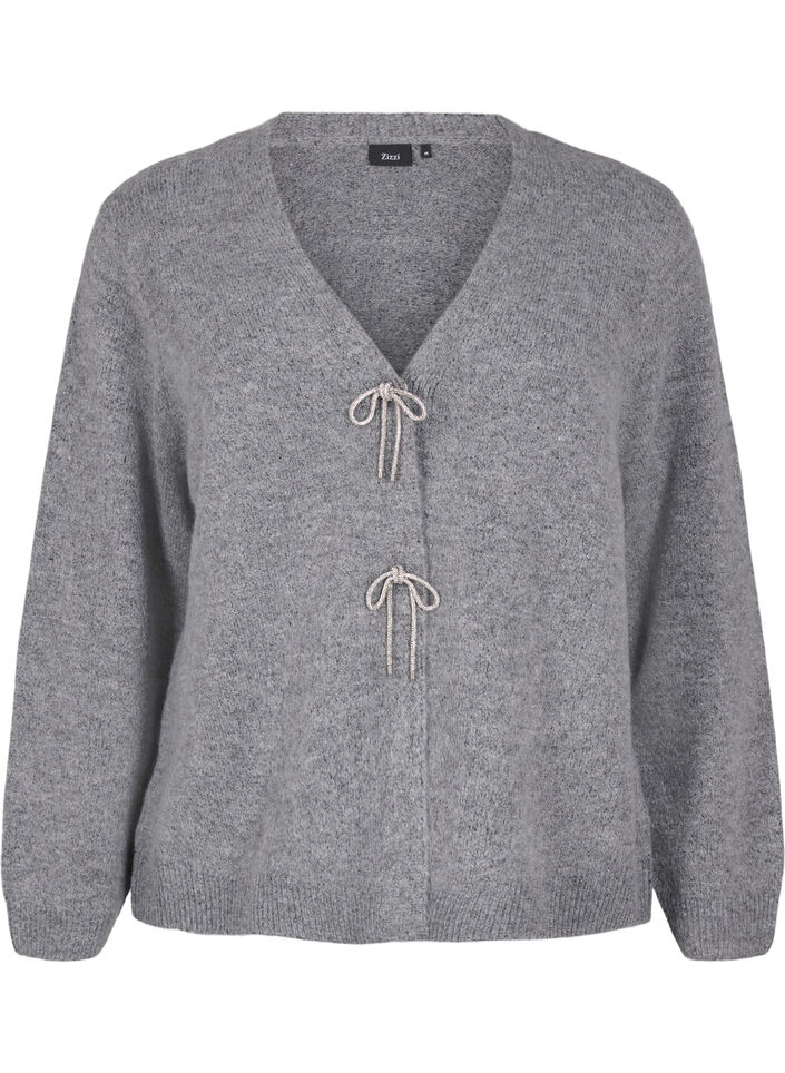 Stickad kofta med silvrig rosett, Medium Grey Melange, Packshot image number 0
