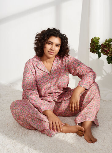 Pyjamasskjorta i bomull med blommönster, Powder Pink, Image image number 0
