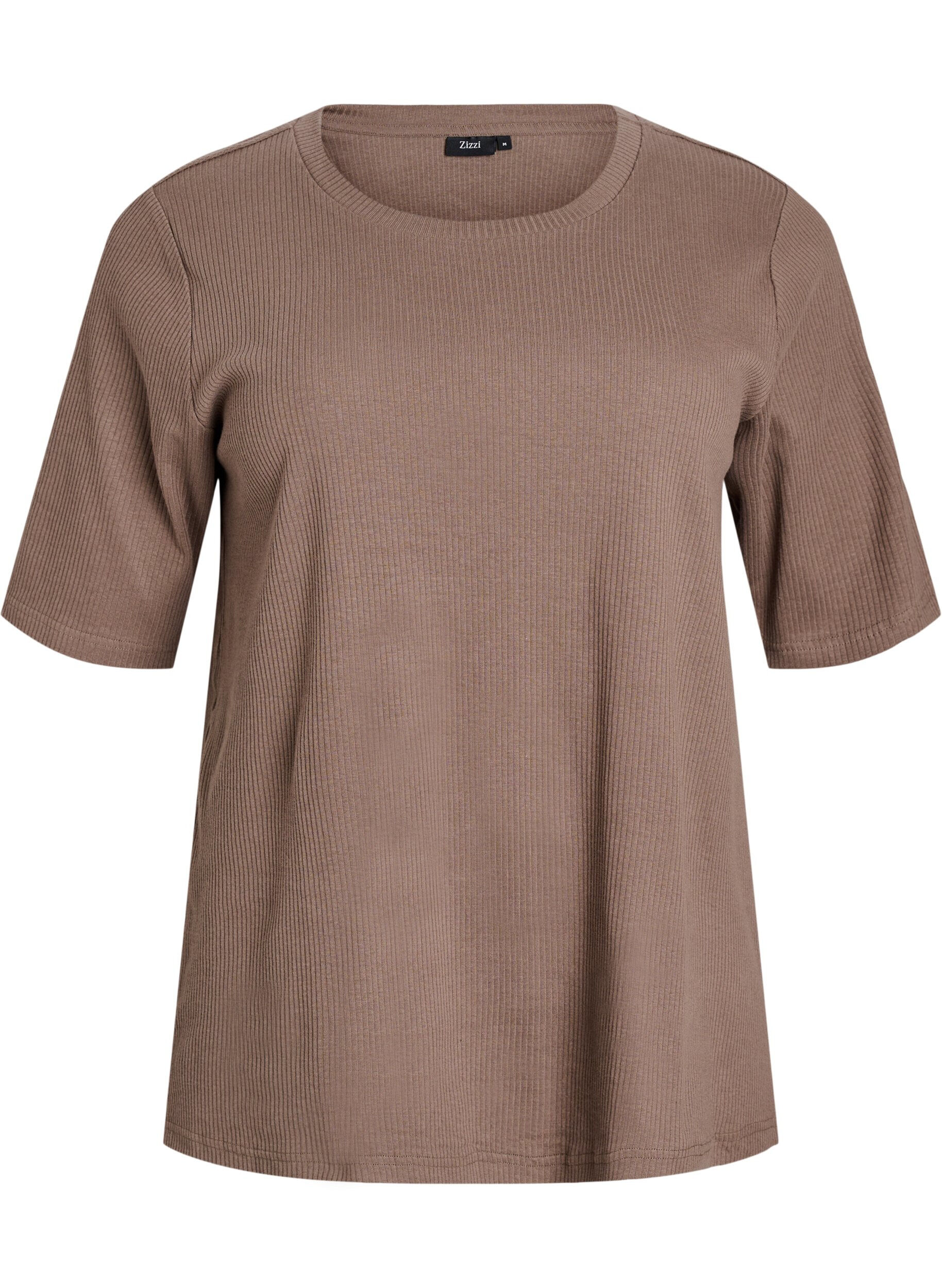 ZizziBlus i ribbad jersey med korta &auml;rmar, Brun, Packshot image number 0