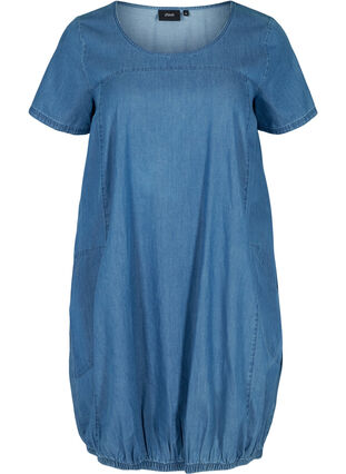 Kortärmad jeansklänning med fickor, Blue denim, Packshot image number 0