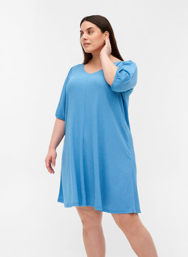 Klänning med puffärmar och v-ringad hals, Azure Blue, Model image number 0