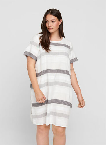 Randig klänning med korta ärmar, White Stripe, Model image number 0