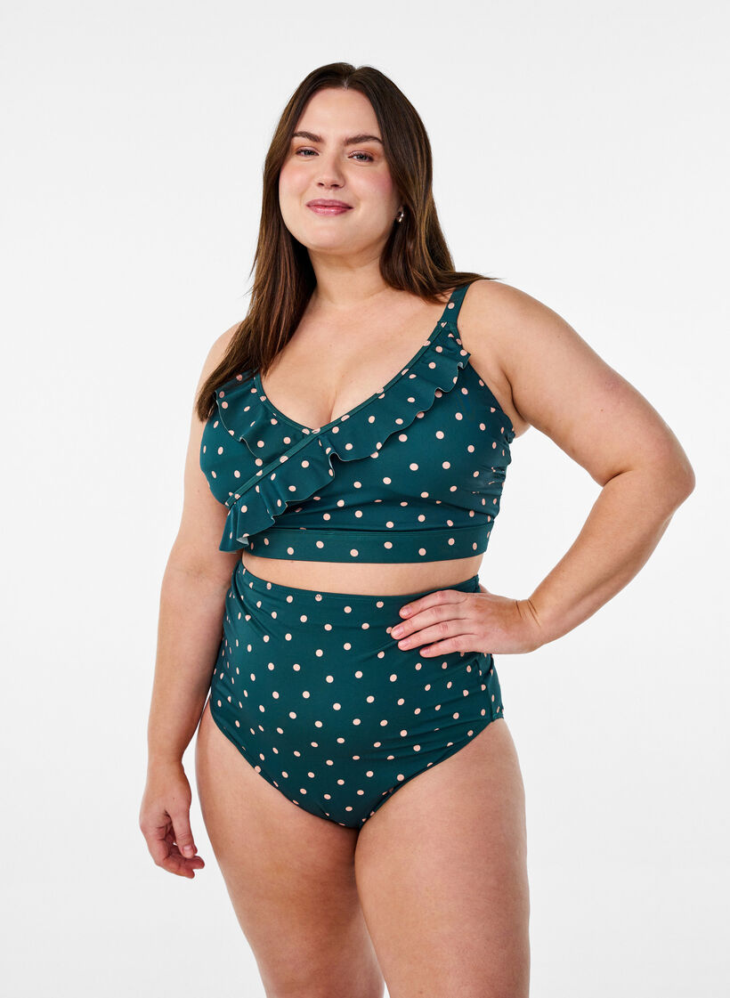 Bikinitopp med prickigt m&ouml;nster och volangdetaljer, Gr&ouml;n, Image image number 0