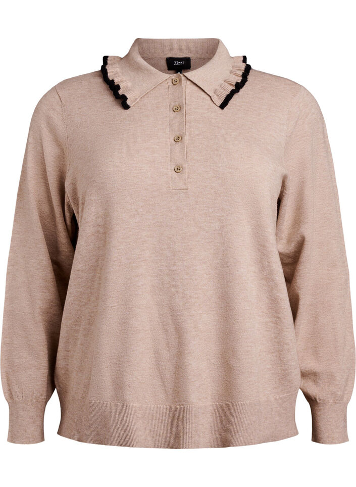 Stickad blus med krage och kontrastvolang, Beige, Packshot image number 0
