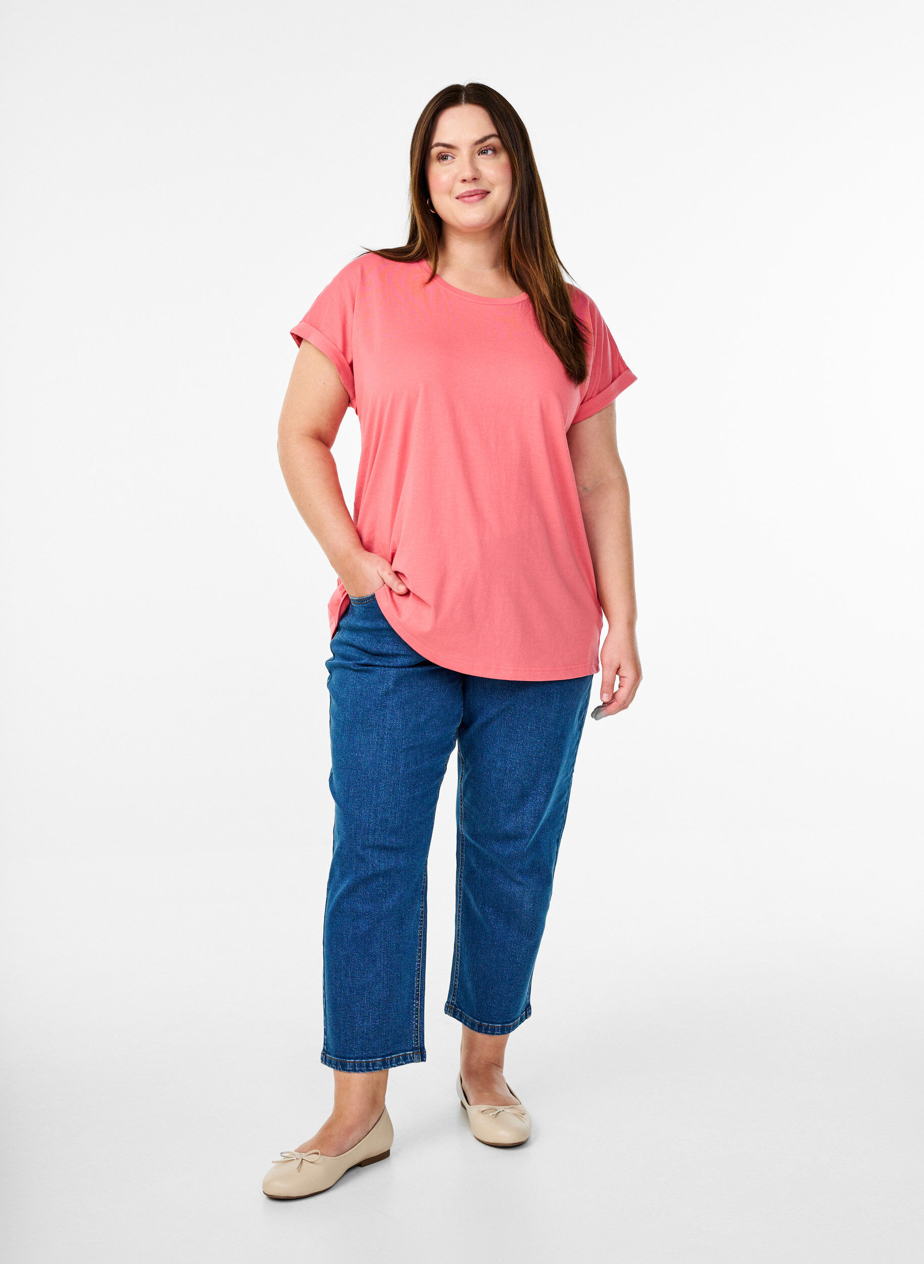 ZizziKort&auml;rmad t-shirt i bomullsblandning, Rosa, Model image number 1