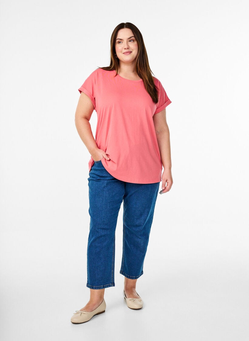 Kort&auml;rmad t-shirt i bomullsblandning, Rosa, Model image number 1
