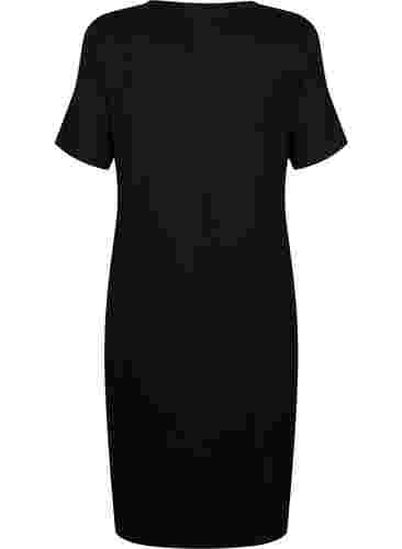 Midiklänning i ribbat viskostyg med korta ärmar, Black, Packshot image number 1