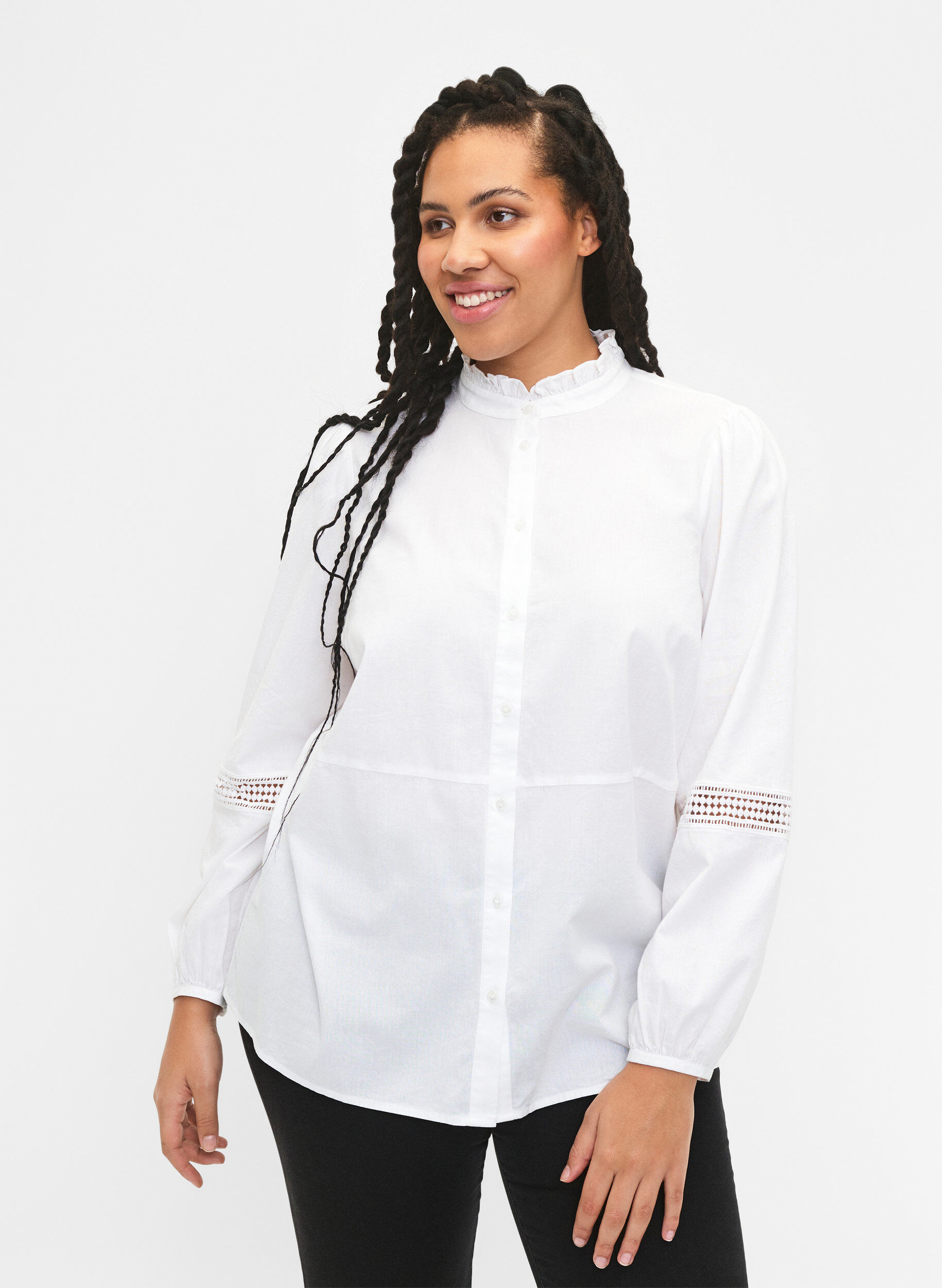 Zizzi Skjortblus med volangkrage och virkat band, Bright White, Model image number 0
