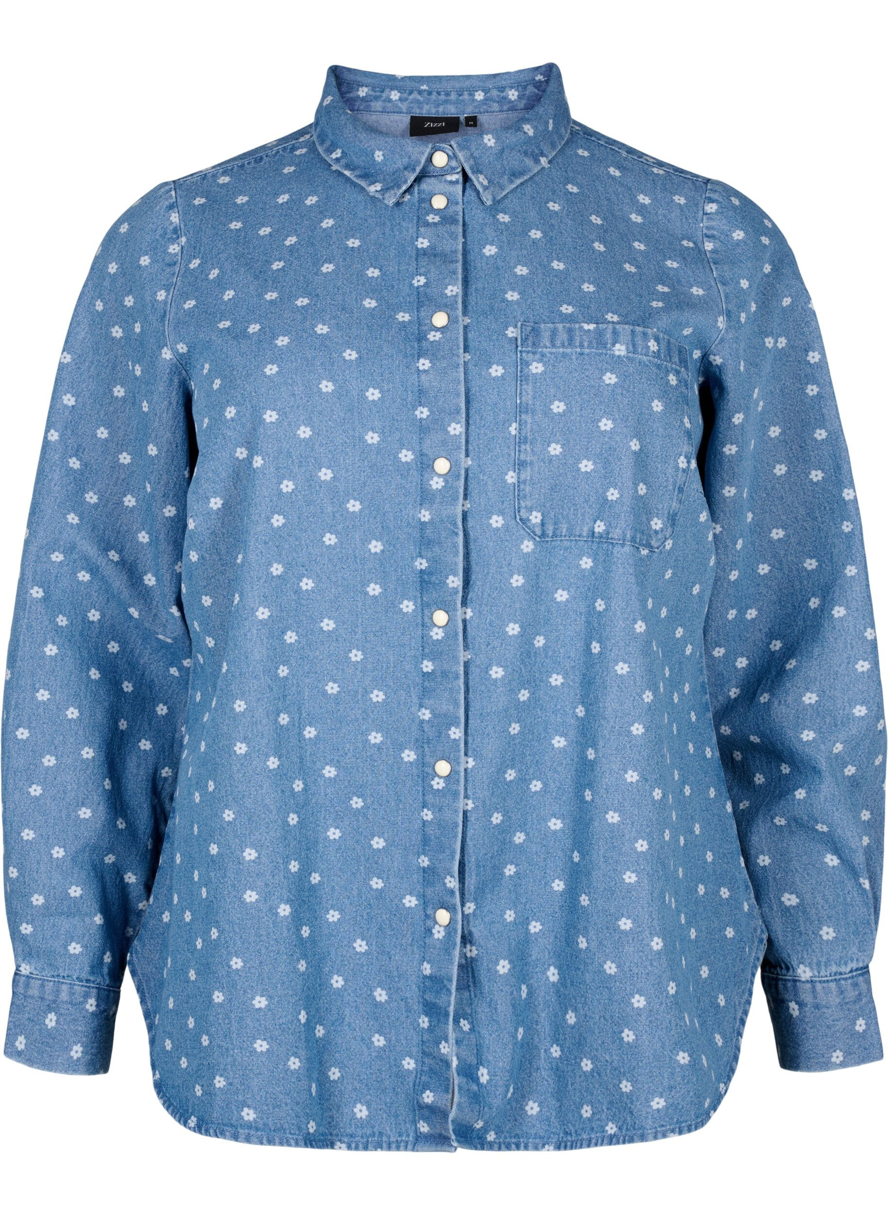 Zizzi Blommig denimskjorta med br&ouml;stficka, Light Blue w.Flowers, Packshot image number 0
