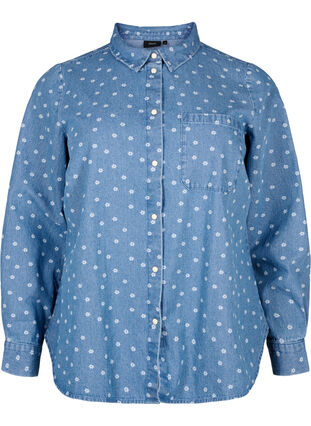 Blommig denimskjorta med bröstficka, Light Blue w.Flowers, Packshot image number 0
