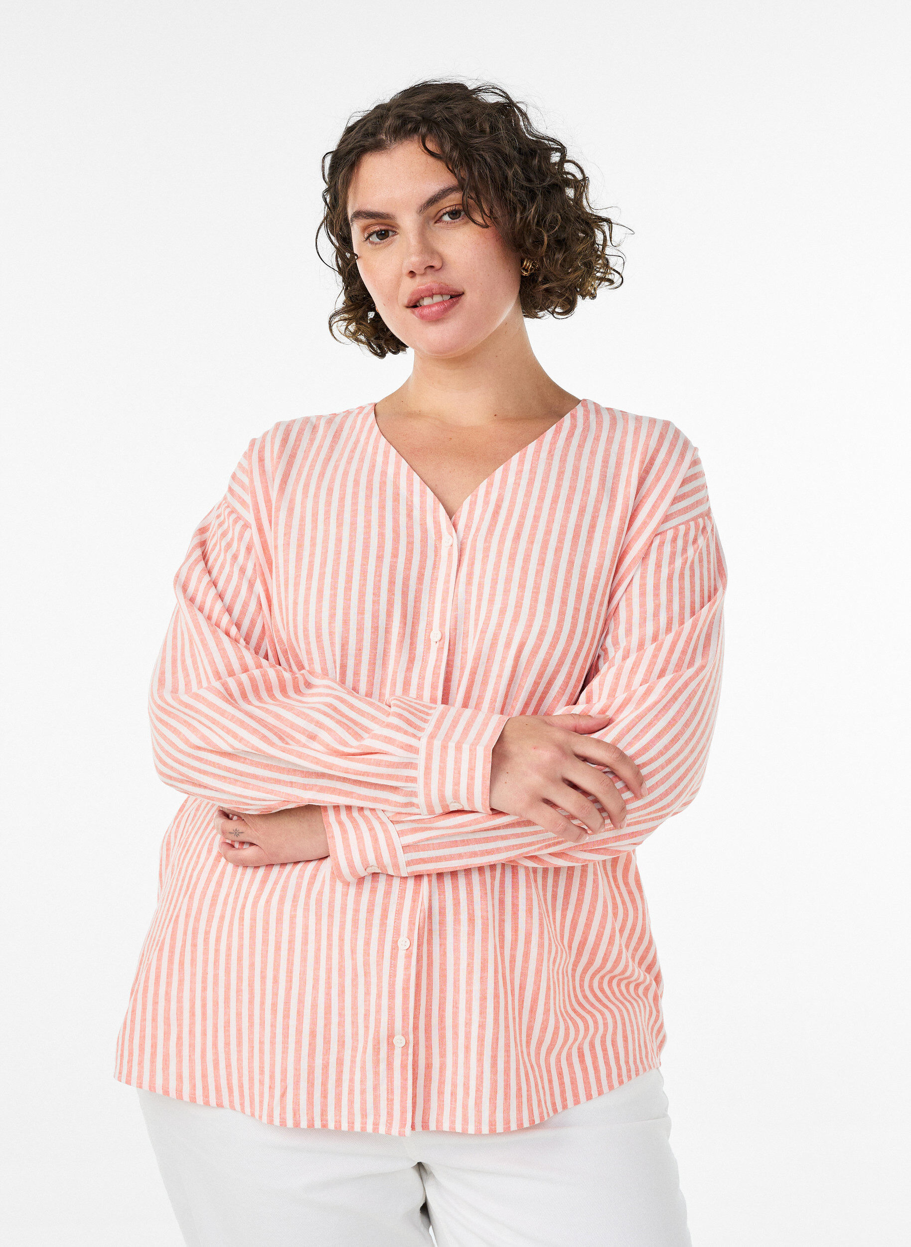 ZizziBlus i linne och viskos med v-ringning, Orange, Model image number 0