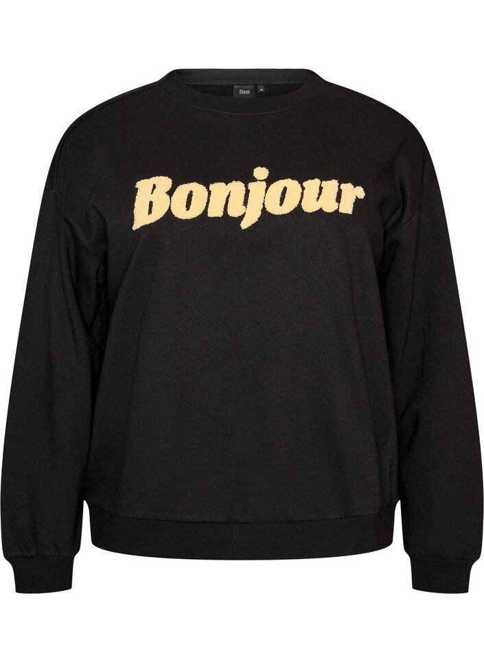 Sweatshirt med textmotiv i boucl&eacute;, Svart, Packshot image number 0