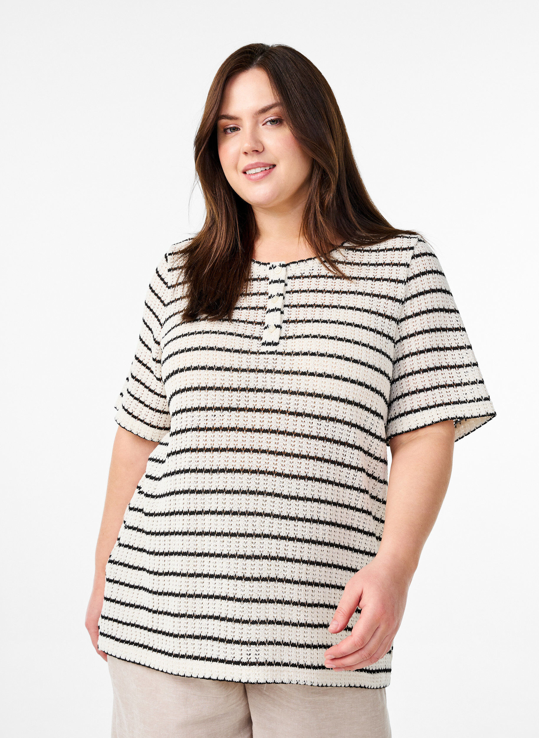 Zizzi Randig stickad blus i jersey, Svart, Model image number 0