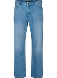 Raka passform jeans med rå kanter, Medium Blue, Packshot