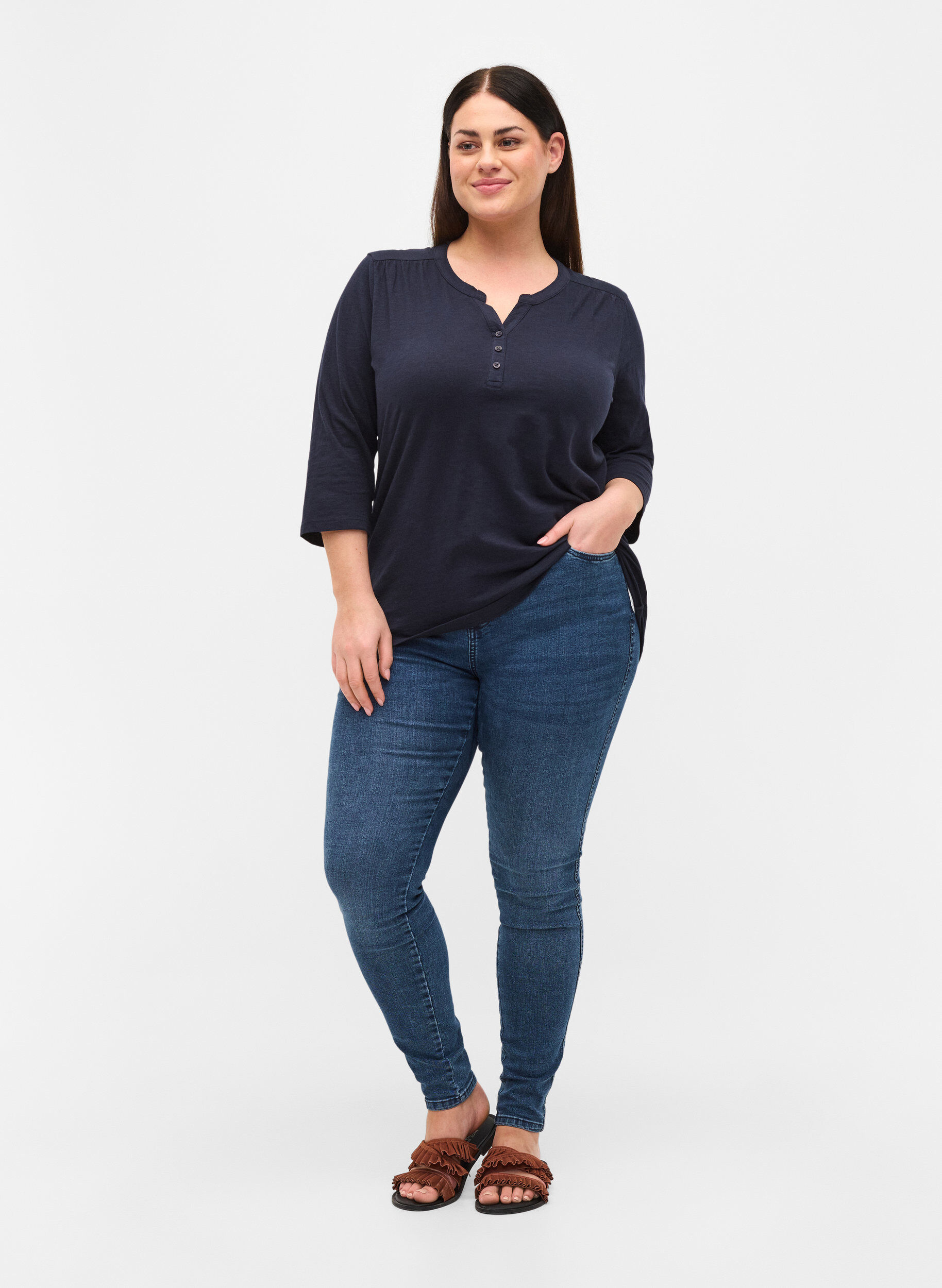 Zizzi Bomullsblus med 3/4-&auml;rmar, Night Sky, Model image number 2