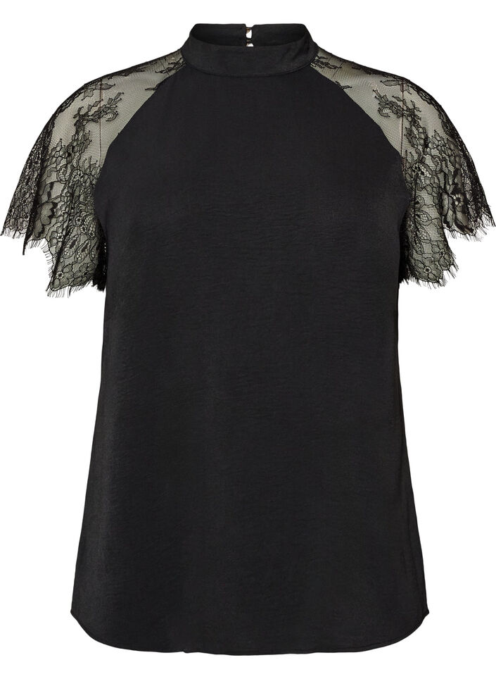 Blus med korta &auml;rmar i spets och h&ouml;g krage, Svart, Packshot image number 0