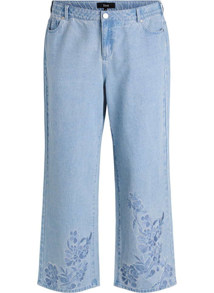 Myra jeans med bred passform och blomdetaljer, Bl&aring;, Packshot image number 0
