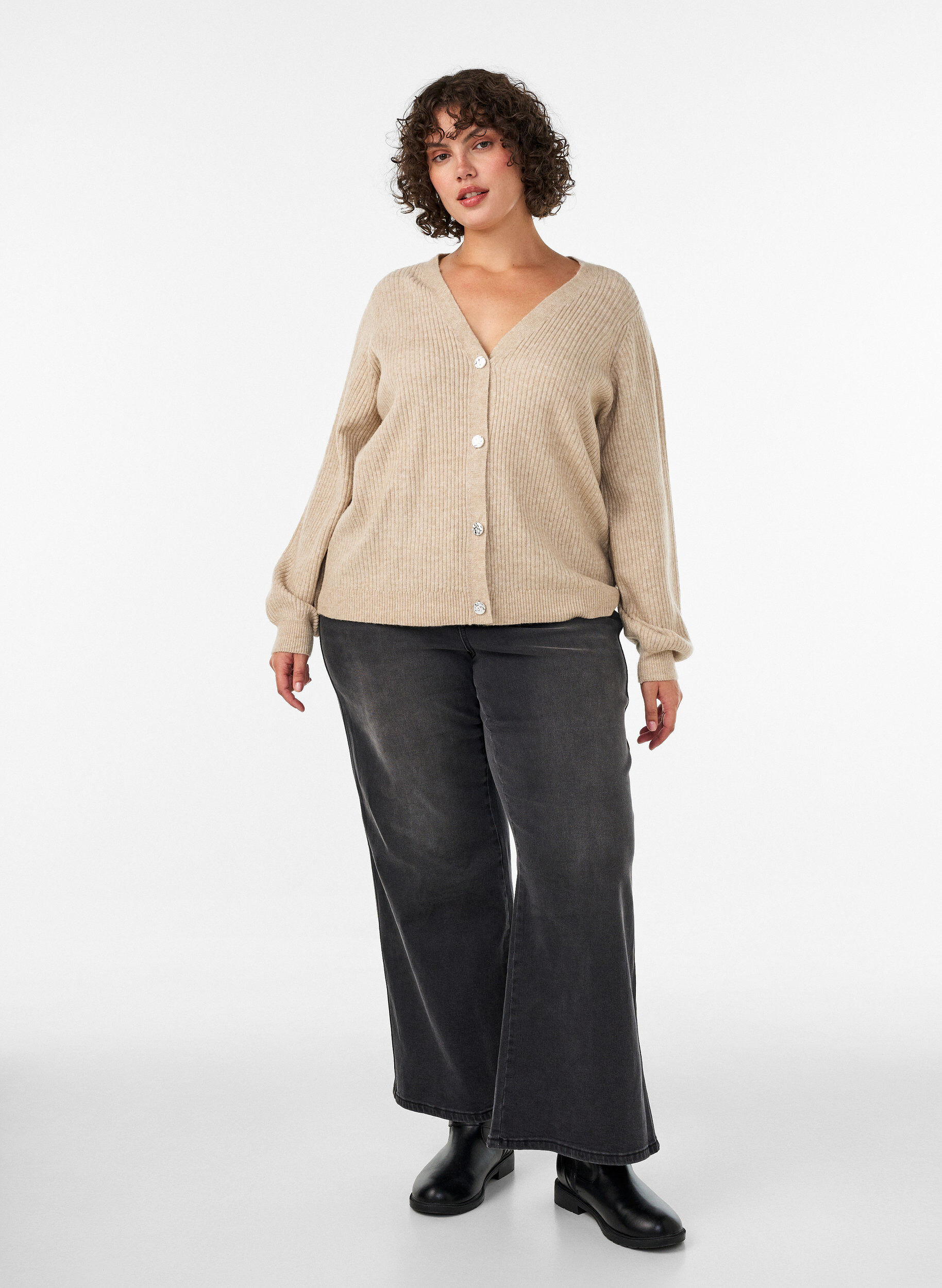 ZizziKofta med V-ringning och ribbad struktur, Beige, Model image number 1