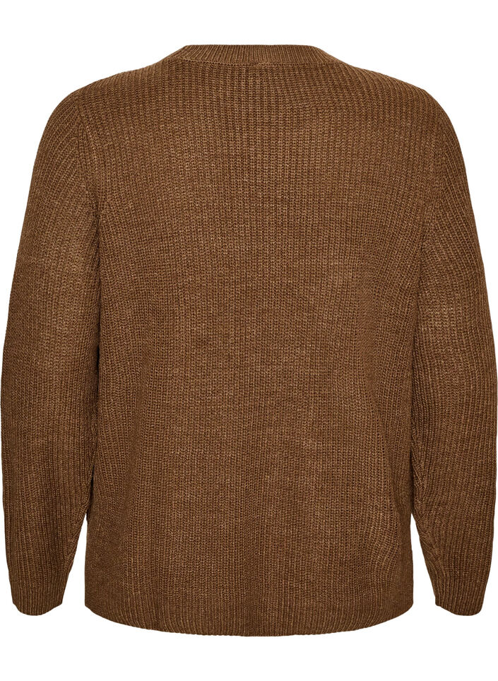 Stickad blus med ribbstruktur och knappdetaljer, Brun, Packshot image number 1