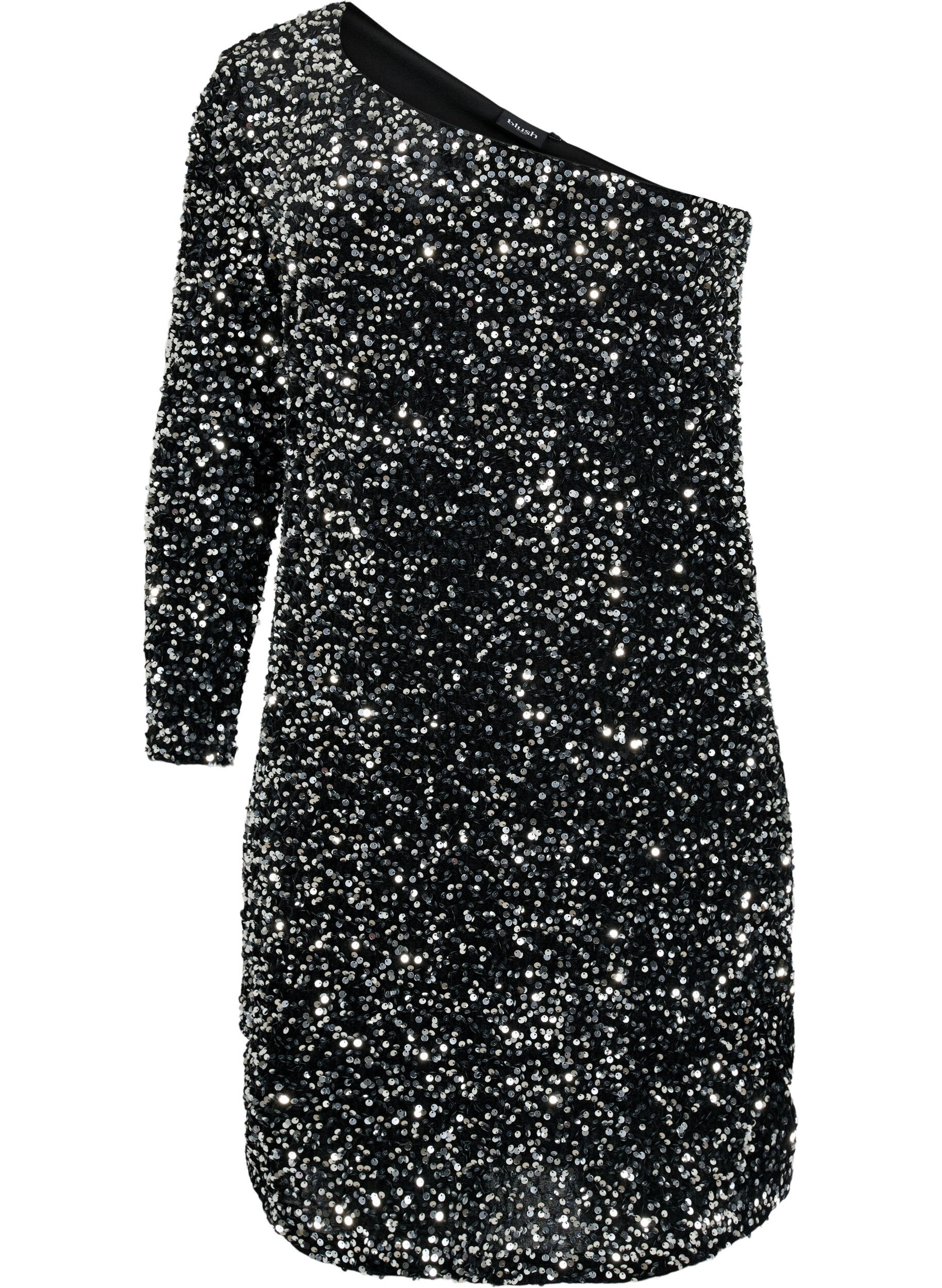 Zizzi Kort one-shoulder kl&auml;nning med paljetter, Black/Silver Sequins, Packshot image number 0