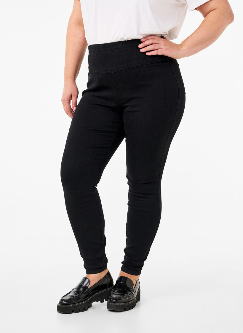 Stretchiga jeggings med hög midja, Black, Model image number 2
