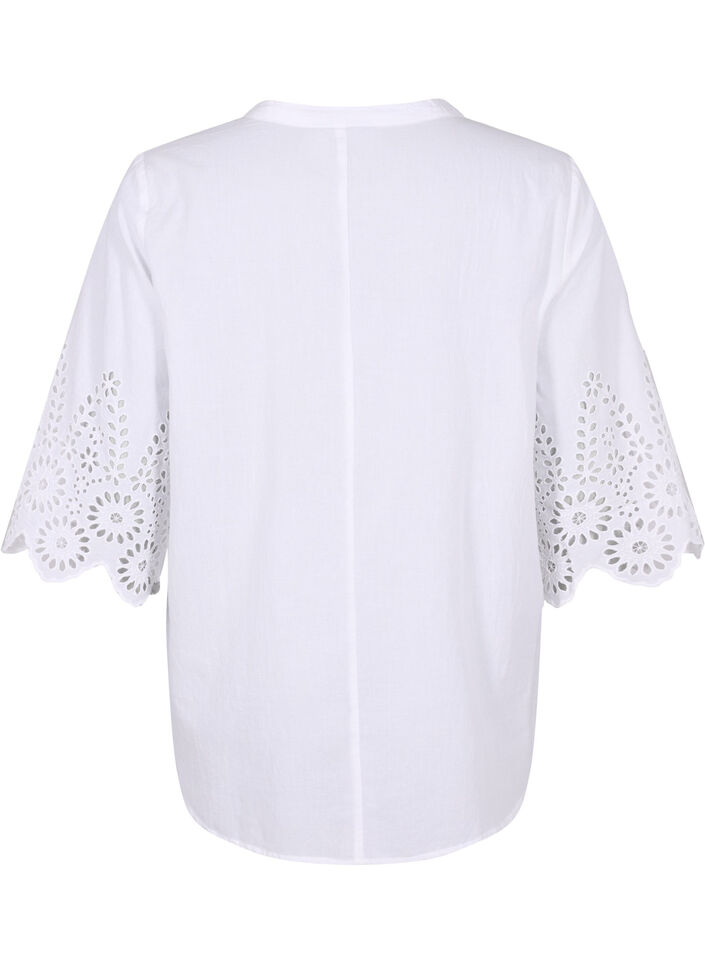 Skjortblus med broderie anglaise och 3/4-ärmar, Bright White, Packshot image number 1