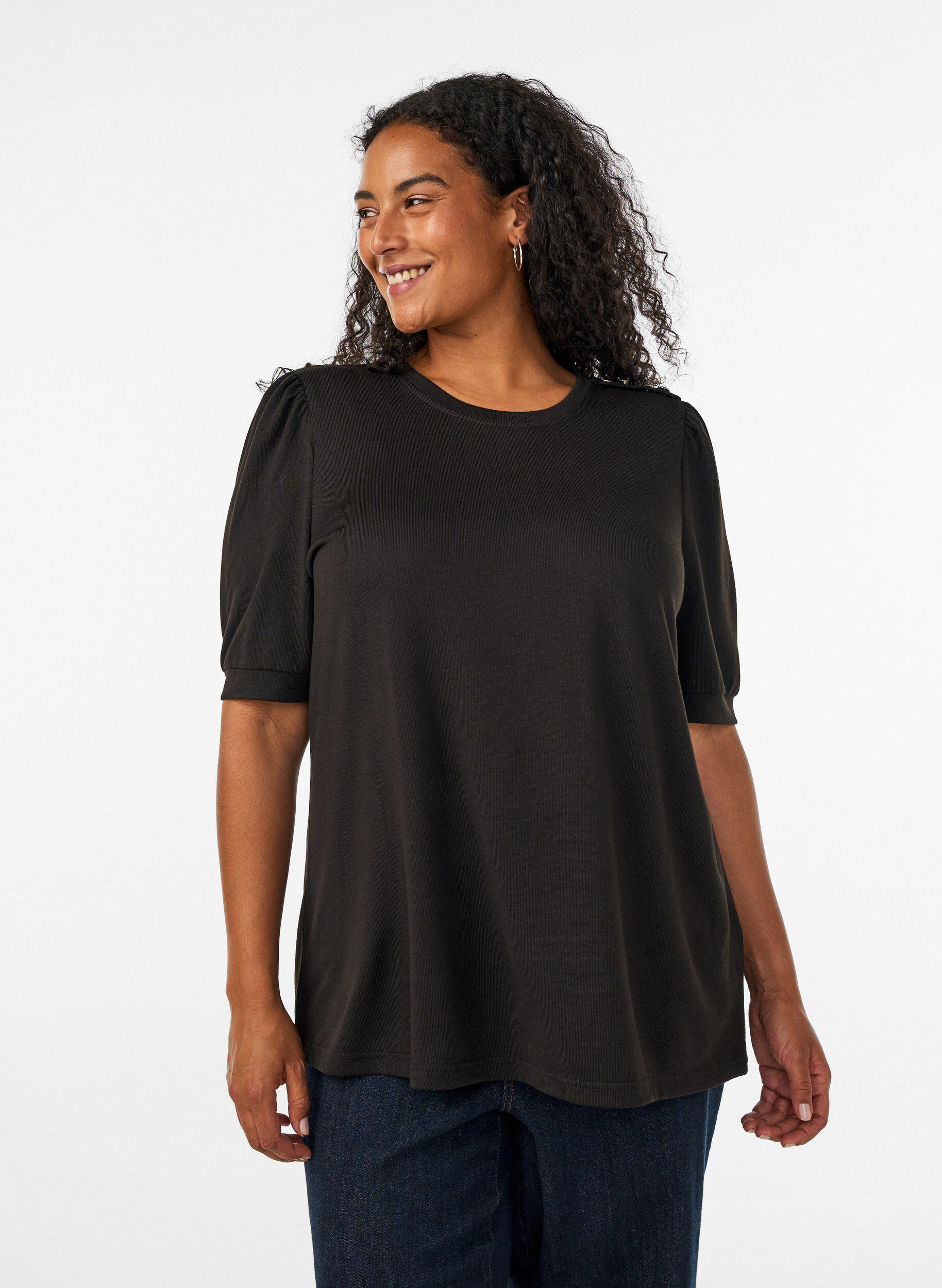 Blus med knappdetalj och korta puff&auml;rmar, Svart, Model