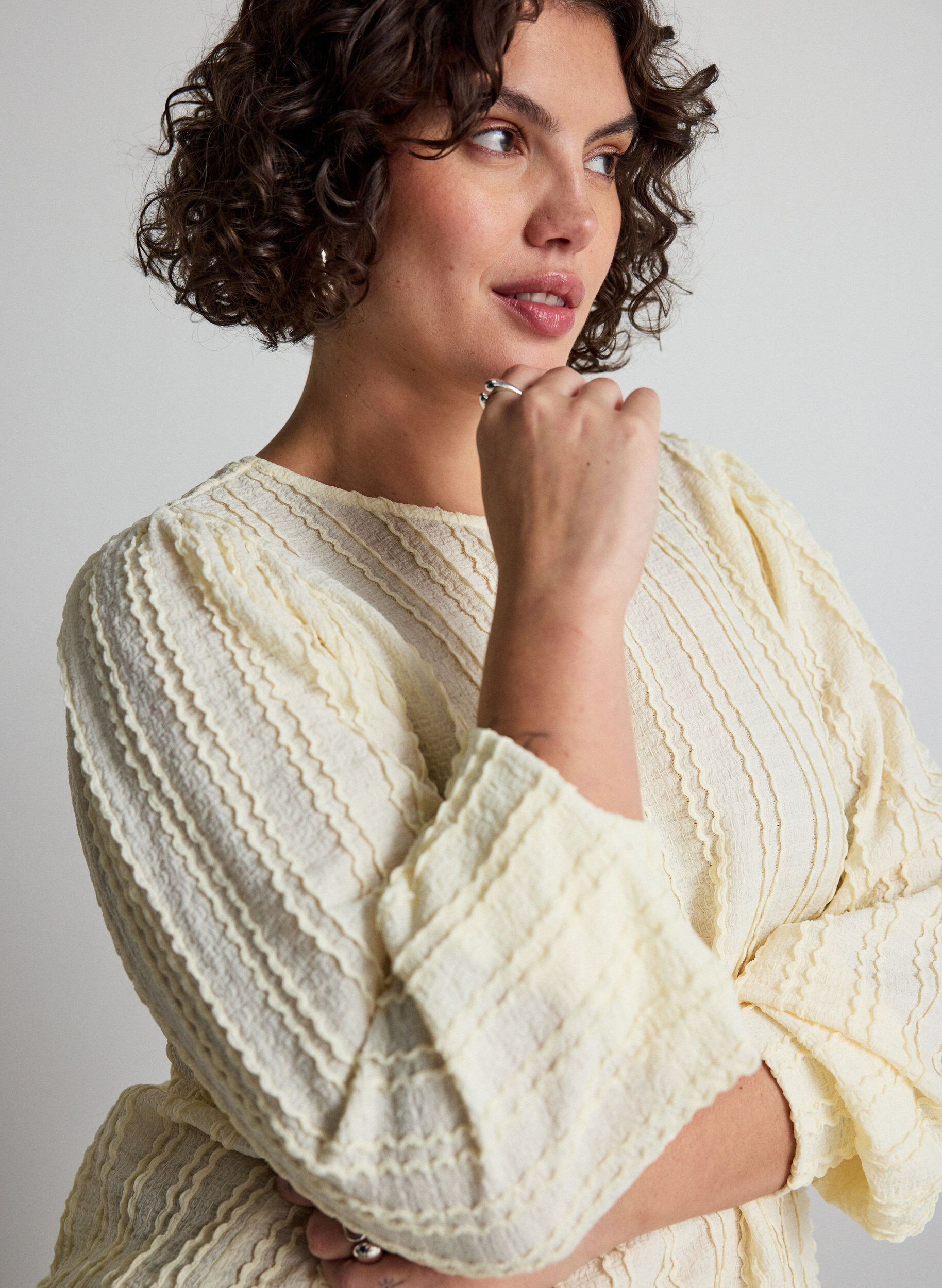 ZizziJerseyblus med struktur och ballongsilhuett, Vanilla, Model image number 3