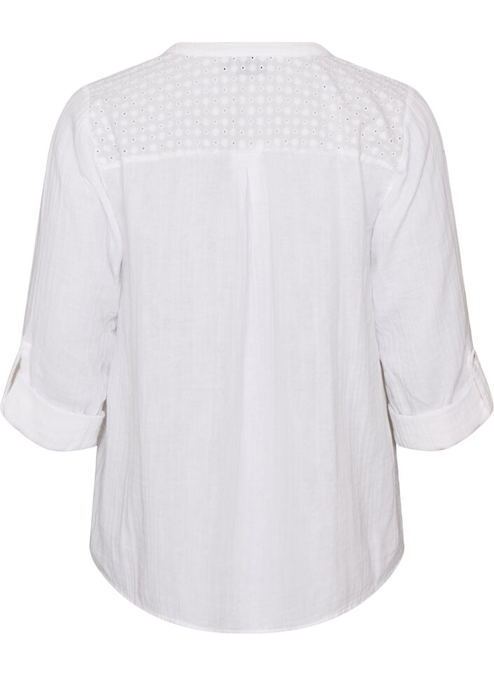 Blus i bomullsmuslin med broderie anglaise, Vit, Packshot image number 1
