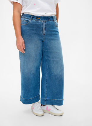 Croppade jeans med vida ben, Blue denim, Model image number 2