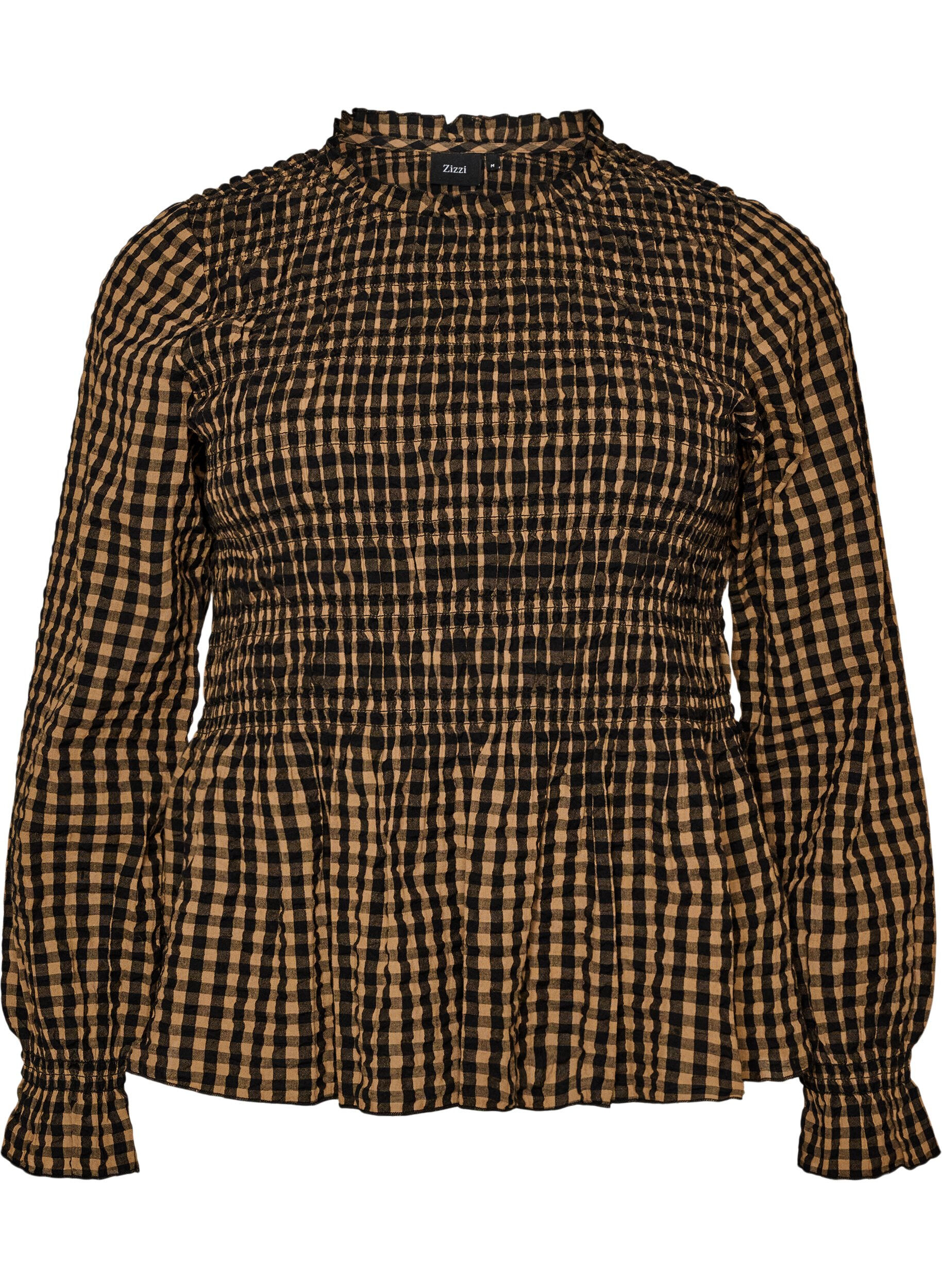 ZizziRutig blus med smock och peplum, Brun, Packshot image number 0