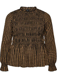 Rutig blus med smock och peplum, Brun