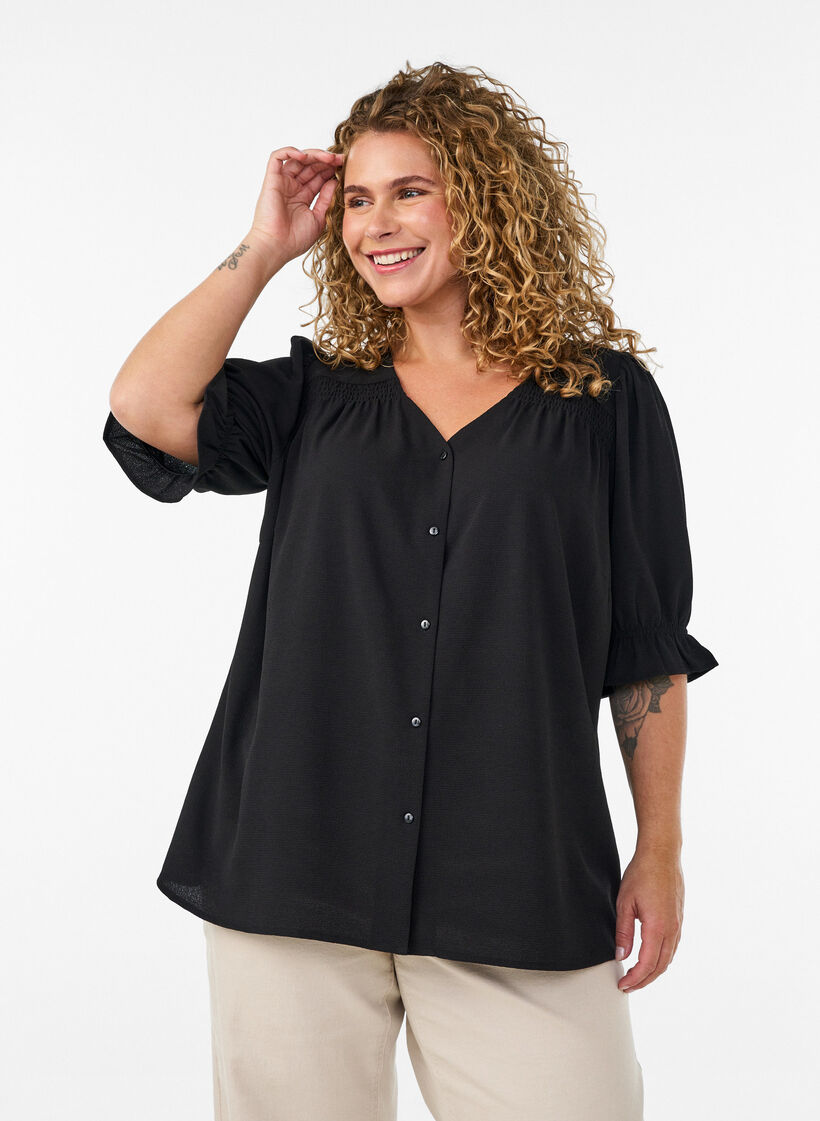 Skjortblus med halvl&aring;nga &auml;rmar, Svart, Model image number 0